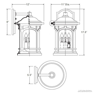 Here is the revised sentence using your product data: Technical drawing of the Urban Ambiance UQL1105 Rustic Outdoor Wall Light from the Sydney Collection shown in three views, illustrating its dimensions: 17.75″ height and 11″ width, with a Parisian Bronze finish. The wall sconce features classic seeded glass detail and marine-grade construction, ensuring both durability and timeless elegance for outdoor spaces.