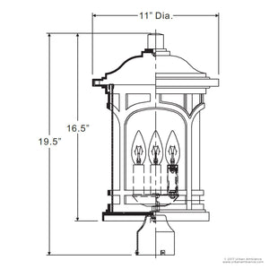 Technical drawing of the Urban Ambiance UQL1107 Rustic Outdoor Post Light from the Sydney Collection, featuring a Parisian Bronze finish and seeded glass; labeled dimensions: 19 inches high and 11 inches wide.