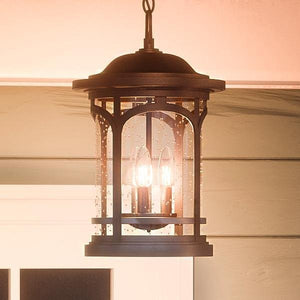 The UQL1109 Rustic Outdoor Pendant Light by Urban Ambiance, featuring a Parisian Bronze finish and marine-grade construction, hangs near a white-framed door on a green wall.