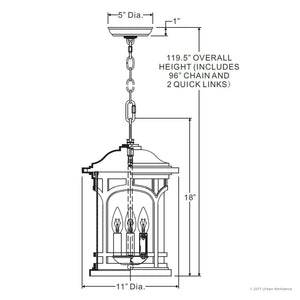 Line drawing of the Urban Ambiance UQL1109 Rustic Outdoor Pendant Light from the Sydney Collection, measuring 119.5″ overall height, 11″ wide, 18″ high fixture, and a 5″ ceiling cap diameter. Features classic seeded glass, marine-grade construction, and a Parisian Bronze finish. Includes chain and quick links.