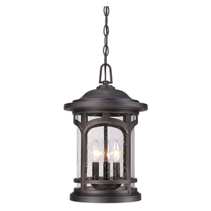 The Urban Ambiance UQL1109 Rustic Outdoor Pendant Light from the Sydney Collection features an 18-inch high by 11-inch wide frame in a Parisian Bronze finish, marine-grade construction, and a glass enclosure with seeded glass and three candle-style bulbs suspended by a chain.
