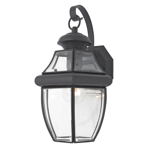 Urban Ambiance UQL1142 Colonial Outdoor Wall Light from the Cambridge Collection features a black silk finish and measures 14″ high by 8″ wide. With a clear beveled glass cover, rectangular backplate, and visible bulb, this outdoor fixture blends timeless Colonial-inspired design with modern elegance—perfect for illuminating your entryway or patio.