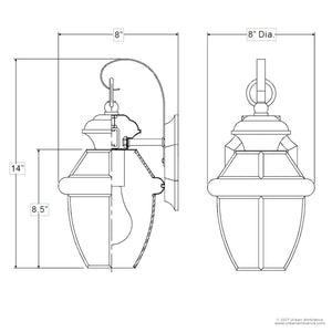 A drawing of the gorgeous Urban Ambiance UQL1143 Colonial Outdoor Wall Light, 14