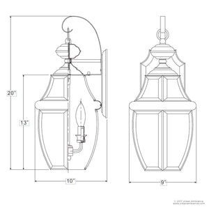A drawing showing the dimensions of a unique Urban Ambiance UQL1145 Colonial Outdoor Wall Light with an aged silver finish, from the Cambridge Collection.
