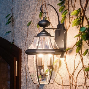 A beautiful outdoor wall light fixture adorned with ivy.