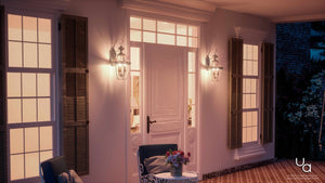 An image of a front porch with a unique UQL1147 Colonial Outdoor Wall Light, 22.5