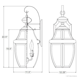 A drawing showing the dimensions of a beautiful Urban Ambiance UQL1147 Colonial Outdoor Wall Light, 22.5
