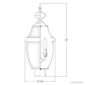 A drawing showing the dimensions of the UQL1151 Colonial Outdoor Post Light, a luxury lighting fixture.