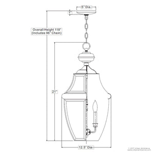 Black and white technical drawing of the Urban Ambiance UQL1159 Colonial Outdoor Pendant Light from the Cambridge Collection, showcasing labeled dimensions: 21″ high, 12.5″ wide, a 5″ canopy, and an overall height of 118″ with a 96″ chain. This elegant fixture features a black silk finish, beveled glass panels, and solid brass construction for lasting durability.