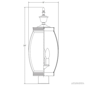 Line drawing of the Urban Ambiance UQL1174 Colonial Outdoor Post Light from the Manchester Collection, crafted in solid brass with a Medieval Bronze finish. Measuring 22 inches tall by 9 inches wide, it displays internal light fixture details and a decorative finial atop its vintage-transitional silhouette for timeless curb appeal.