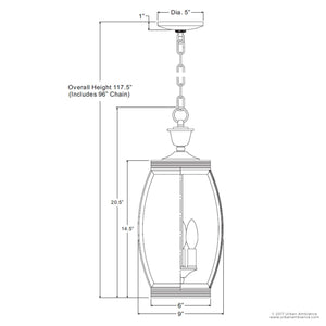 Line drawing of the Urban Ambiance UQL1176 Colonial Outdoor Pendant Light from the Manchester Collection, featuring a medieval bronze lantern design with beveled glass. Dimensions: overall height 117.5″, lantern height 20.5″, lantern width 9″, and canopy diameter 5″. Includes a 96″ chain.