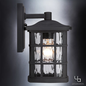 The UQL1230 Zurich Outdoor Wall Light by Urban Ambiance features marine-grade construction, a black silk finish, clear glass panels, cage design, and a visible bulb on a square backplate; measures 10.5