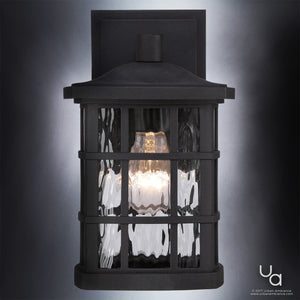 The Urban Ambiance UQL1230 Zurich Collection Craftsman Outdoor Wall Light features a black silk finish, grid cage design, and clear textured glass panels, measuring 10.5