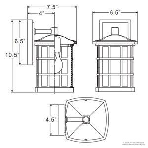 Technical drawing of the Urban Ambiance UQL1230 Craftsman Outdoor Wall Light from the Zurich Collection, 10.5