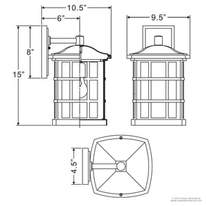 Technical drawing of the Urban Ambiance UQL1235 Craftsman Outdoor Wall Light from the Zurich Collection, showcasing its weather-resistant, marine-grade construction with a Parisian Bronze finish. The illustration presents front, side, and top views with dimensions as follows: 15.5″ height, 9.5″ width, 9.5″ depth, 8″ wall plate height, and 4.5″ wall plate width.