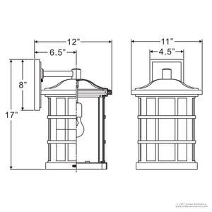 Technical drawing of the Urban Ambiance UQL1236 Craftsman Outdoor Wall Light (Zurich Collection): wall-mounted sconce, black silk finish, 17