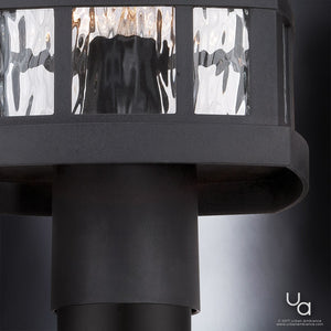 Close-up of the UQL1246 Craftsman Outdoor Post Light by Urban Ambiance, featuring a black silk finish, marine-grade construction, and textured glass panels. This Zurich Collection fixture adds durable style to your exterior space.