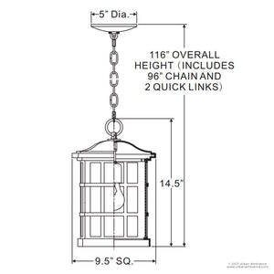 The Urban Ambiance UQL1251 Craftsman Outdoor Pendant Light from the Zurich Collection features a black and white diagram detailing its overall height of 116″, a fixture height of 15″, width of 9.5″, square base of 9.5″, and a 5″ ceiling plate diameter. This marine-grade light includes a water glass diffuser in an elegant Parisian Bronze finish and comes complete with chain and quick links for installation.