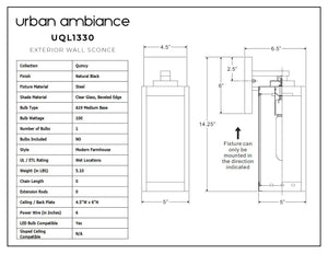 Diagram and specifications table for the Urban Ambiance UQL1330 Farmhouse Outdoor Wall Light from the Quincy Collection, featuring a black finish and beveled glass fixture, with dimensions of 14.25″ height by 5″ width, displaying technical details and mounting orientation.