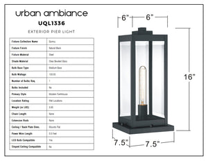 The Urban Ambiance UQL1336 Modern Farmhouse Outdoor Pier Light from the Quincy Collection features a natural black finish, measures 16″ high by 7.5″ wide, and showcases clear beveled glass panels in a rectangular design—perfect for modern farmhouse exteriors—illustrated here alongside its detailed specifications.
