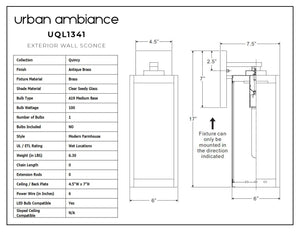 A unique lighting fixture showcasing the dimensions of the beautiful Urban Ambiance UQL1341 Farmhouse Outdoor Wall Light, 17