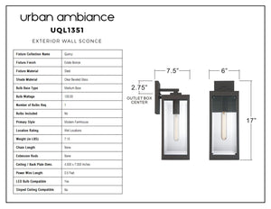 Diagram of the Urban Ambiance UQL1351 Modern Farmhouse Outdoor Wall Light from the Quincy Collection, featuring measurements (17″H x 6″W) and a table listing specifications such as dimensions, materials, wattage, base type, and style. This exterior lighting fixture showcases an Estate Bronze finish for a timeless modern farmhouse accent.