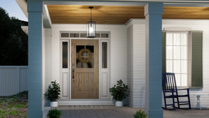 A rendering of a front porch with a gorgeous Urban Ambiance lighting fixture.