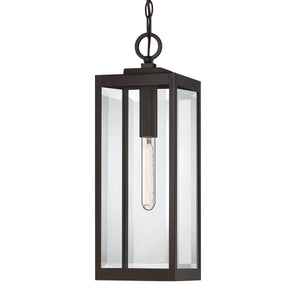 An Urban Ambiance outdoor lamp with a clear glass shade, the UQL1354 Modern Farmhouse Outdoor Pendant Light from the Quincy Collection, measuring 20.75