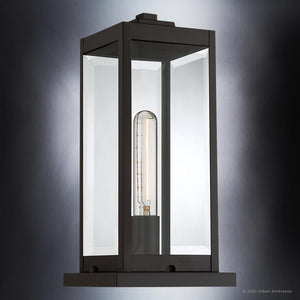 Estate bronze-finished, rectangular outdoor pier light from the Quincy Collection by Urban Ambiance, featuring clear beveled glass panels and an exposed vertical bulb for a modern farmhouse look.