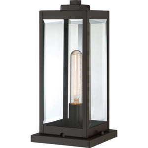 Add a sentence incorporating the product data, as instructed: The Urban Ambiance UQL1355 Modern Farmhouse Outdoor Pier Light from the Quincy Collection features an estate bronze finish and a rectangular frame with clear glass panels that reveal a tall, exposed filament bulb inside—evoking the timeless elegance of traditional beveled glass outdoor lighting found in classic Quincy pier lights. Measuring 16 inches high by 7.5 inches wide, this lantern blends vintage charm with modern farmhouse style.