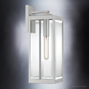 An UQL1362 Modern Farmhouse Outdoor Wall Light from the Quincy Collection by Urban Ambiance with a unique clear glass bulb.