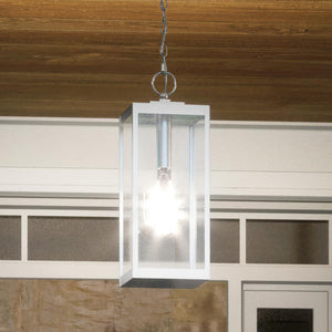 A luxury UQL1364 Modern Farmhouse Outdoor Pendant Light, 20.75"H x 7"W, Stainless Steel Finish from the Quincy Collection and brand Urban Ambiance hanging from a wooden porch