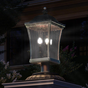 A beautiful Urban Ambiance UQL1420 Antique Outdoor Post/Pier Light, 25.25"H x 10"W, Olde Patina Finish, Westland Collection atop a house.