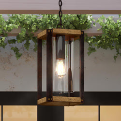 A unique UQL1504 Modern Outdoor Pendant Light with a wooden frame by Urban Ambiance.