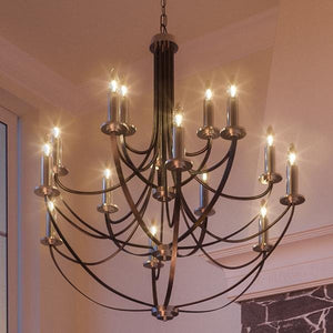 A unique UQL2013 Mid-Century Modern Chandelier, 43"H x 41"W, Black Silk Finish, Marseille Collection hanging in a room with a fireplace by Urban Ambiance.