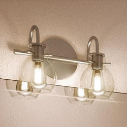 An Urban Ambiance bathroom light fixture with two UQL2040 Vintage Bathroom Light, 9"H x 14"W, Aged Nickel Finish, gorgeous Venice Collection glass bulbs.
