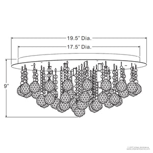 Line drawing of the Urban Ambiance UQL2081 Traditional Flush Mount Ceiling Light from the Manhattan Collection, featuring a polished chrome finish and hanging decorative elements; measures 9 inches in height and 19.75 inches in diameter.