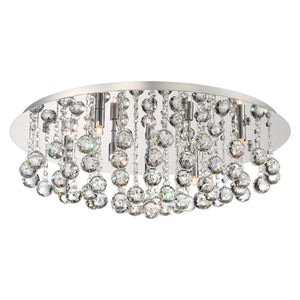The Urban Ambiance UQL2081 Traditional Flush Mount Ceiling Light from the Manhattan Collection features a polished chrome finish and measures 9 inches high by 19.75 inches wide, with dangling crystal-like glass spheres and clustered small LED bulbs for a dazzling effect.