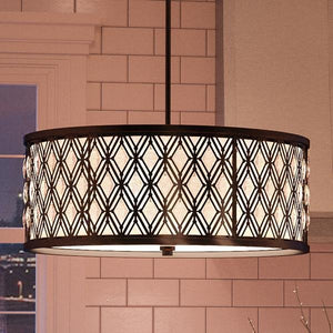 An UQL2090 Art Deco Chandelier, 9"H x 22"W, Black Silk Finish, Pisa Collection by Urban Ambiance in a kitchen with tiled walls - a beautiful lighting