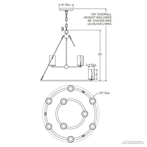 Technical drawing of the Urban Ambiance UQL2131 Industrial Chandelier from the Valencia Collection, featuring a circular 33-inch width, 30-inch height, Estate Bronze finish, 130-inch overall height with 96-inch chains and quick links included, detailing dimensions for mounting and fixtures.