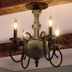 A gorgeous lighting fixture, the UQL2151 French Country Semi-Flush Ceiling Light from the Porto Collection by Urban Ambiance, features a beautiful Antique Black Finish and four lights hanging above a wooden ceiling