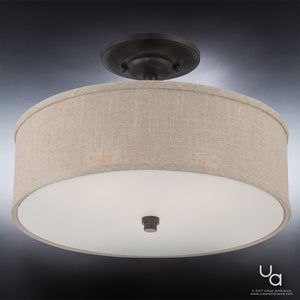 Illuminate your space with the Urban Ambiance UQL2231 Modern Farmhouse Semi-Flush Ceiling Light from the Dublin Collection, featuring a khaki fabric drum shade and frosted glass diffuser set on a durable bronze-finished base—perfect for adding modern farmhouse appeal to any room.