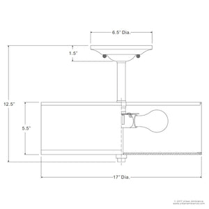 Technical drawing of the Urban Ambiance UQL2231 Modern Farmhouse Semi-Flush Ceiling Light from the Dublin Collection, featuring labeled dimensions—17″ width, 6.5″ canopy diameter, 12″ height, and 5.5″ shade height; showcases a khaki fabric drum shade in a bronze finish and displays internal bulb placement.