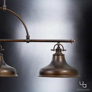 A close-up of the Urban Ambiance UQL2285 Industrial Chandelier from the Sonoma Collection, featuring industrial-inspired detailing and a rich Parisian Bronze finish, measuring 23.5″ high by 52.5″ wide, set against a grey gradient background.