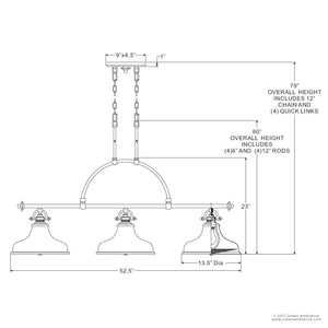 Technical drawing of the Urban Ambiance UQL2285 Industrial Chandelier from the Sonoma Collection, featuring three pendant lights with industrial-inspired detailing and a Parisian Bronze finish. Dimensions: 52.5″ wide, 23.5″ high, each shade measures 13.5″ in diameter, and adjustable height up to 79″. Measurements and components are clearly labeled for reference.
