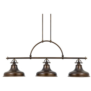 The Urban Ambiance UQL2285 Industrial Chandelier from the Sonoma Collection features a Parisian Bronze finish and displays industrial-inspired detailing with three dome-shaped shades suspended from two vertical rods and an arched support. This striking piece measures 23.5 inches in height and 52.5 inches in width.