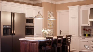 A kitchen with beautiful white cabinets and Urban Ambiance stainless steel appliances.