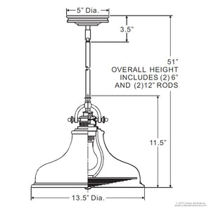 A diagram showing the dimensions of a beautiful Urban Ambiance UQL2286 Industrial Hanging Pendant Light, 11.5