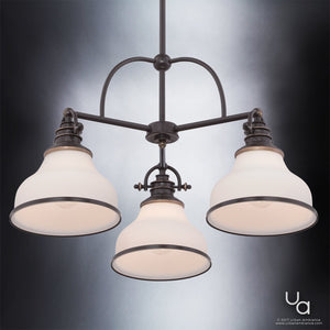 Showcased against a gradient background, the Urban Ambiance UQL2332 Industrial Chandelier from the Pasadena Collection features three opal etched glass shades and a Parisian Bronze-finished metal frame, measuring 15.5 inches high by 24 inches wide.