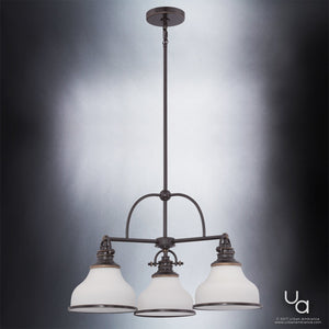 A UQL2332 Industrial Chandelier from Urban Ambiance’s Pasadena Collection—measuring 15.5″H x 24″W and featuring a Parisian Bronze finish—hangs from a ceiling mount, its frosted glass shades displayed against a plain, gradient background.